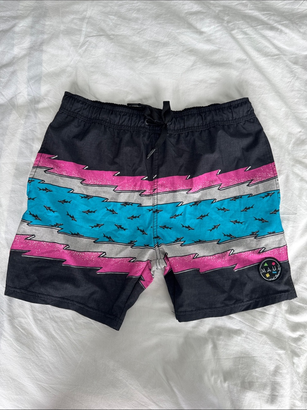 Maui and Sons Black Swim Shorts with Teal, Pink & Silver Lightning Bands